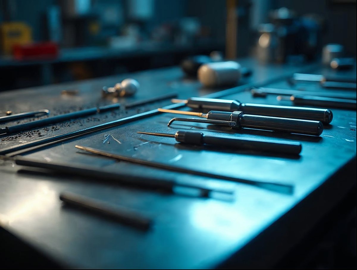 Specialized paintless dent repair rods and steel tools laid out on a workbench